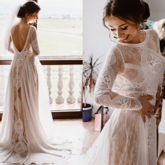 BEACH WEDDING DRESS, Boho Wedding Dress, Elegant White Lace Dress - Picture 8 of 13
